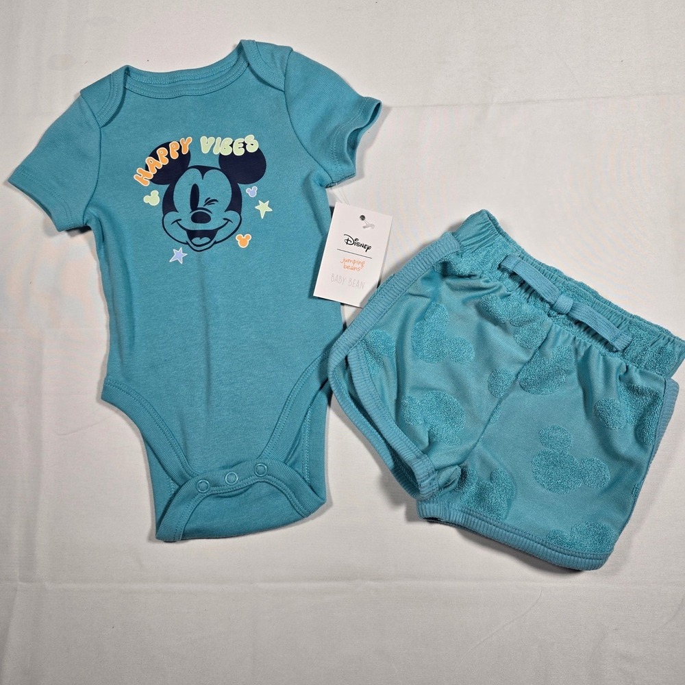 Disney Mickey‎ Mouse baby boy 3M Happy Vibes Bodysuit and Shorts Set Teal Blue